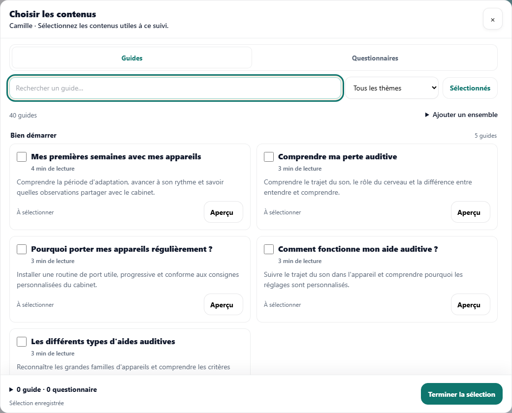 La bibliothèque Aude pour choisir les guides et questionnaires à transmettre au patient.