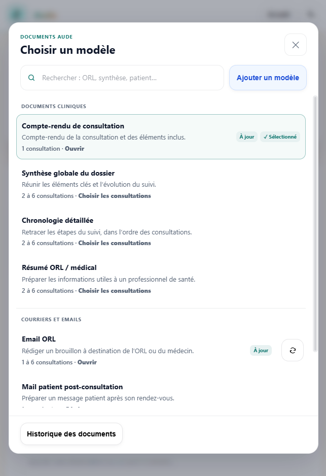La bibliothèque Choisir un modèle dans Aude : compte rendu de consultation, synthèse globale, chronologie détaillée, résumé médical et emails.
