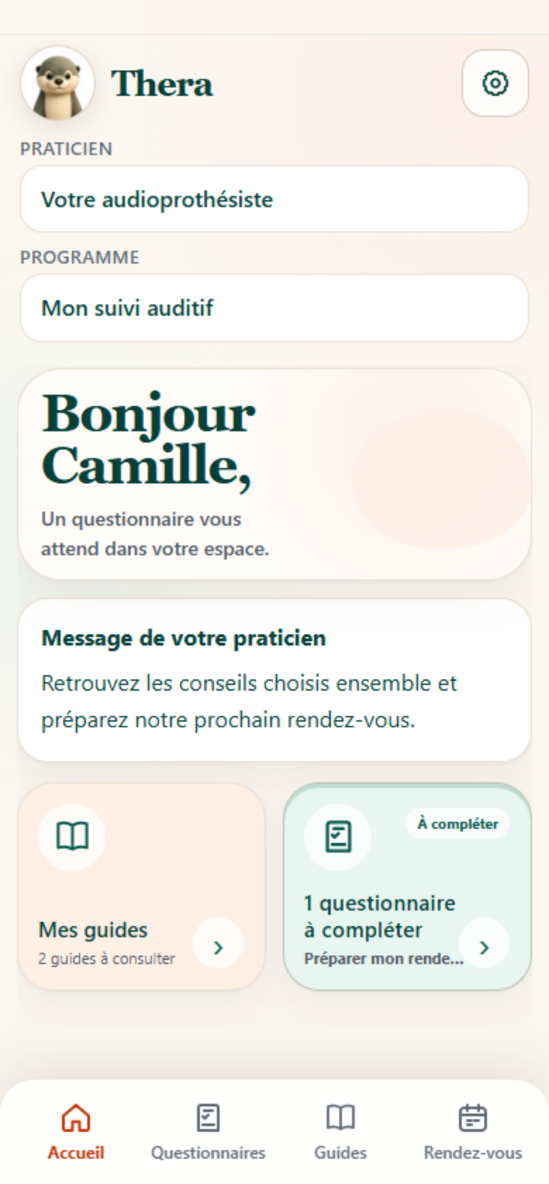 L’accueil Théra du patient, son questionnaire et les guides sélectionnés par l’audioprothésiste.
